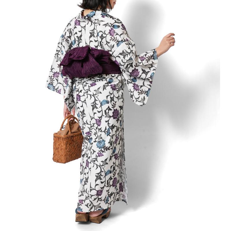 浴衣 紅型風 花唐草 小鳥 白 青 紫 古典柄 レディース 仕立上がり 単品