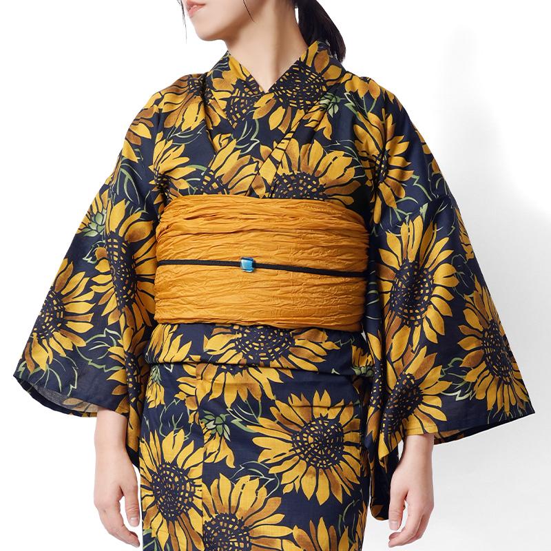 浴衣 ひまわり 黒 黄色 レトロ モダン レディース 仕立上がり 単品