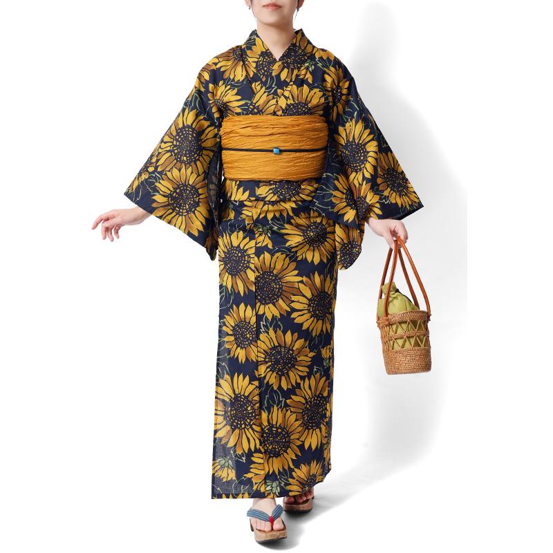 浴衣 ひまわり 黒 黄色 レトロ モダン レディース 仕立上がり 単品