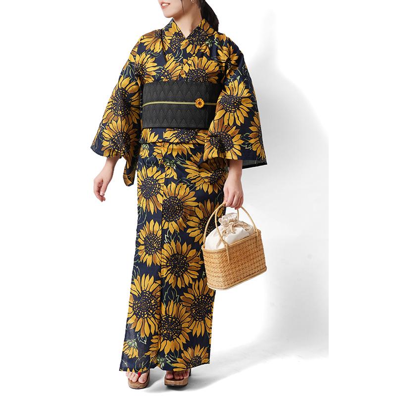 浴衣 ひまわり 黒 黄色 レトロ モダン レディース 仕立上がり 単品