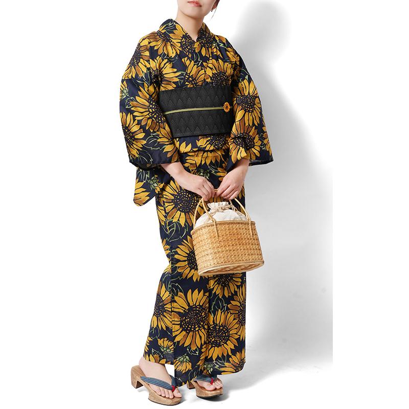 浴衣 ひまわり 黒 黄色 レトロ モダン レディース 仕立上がり 単品