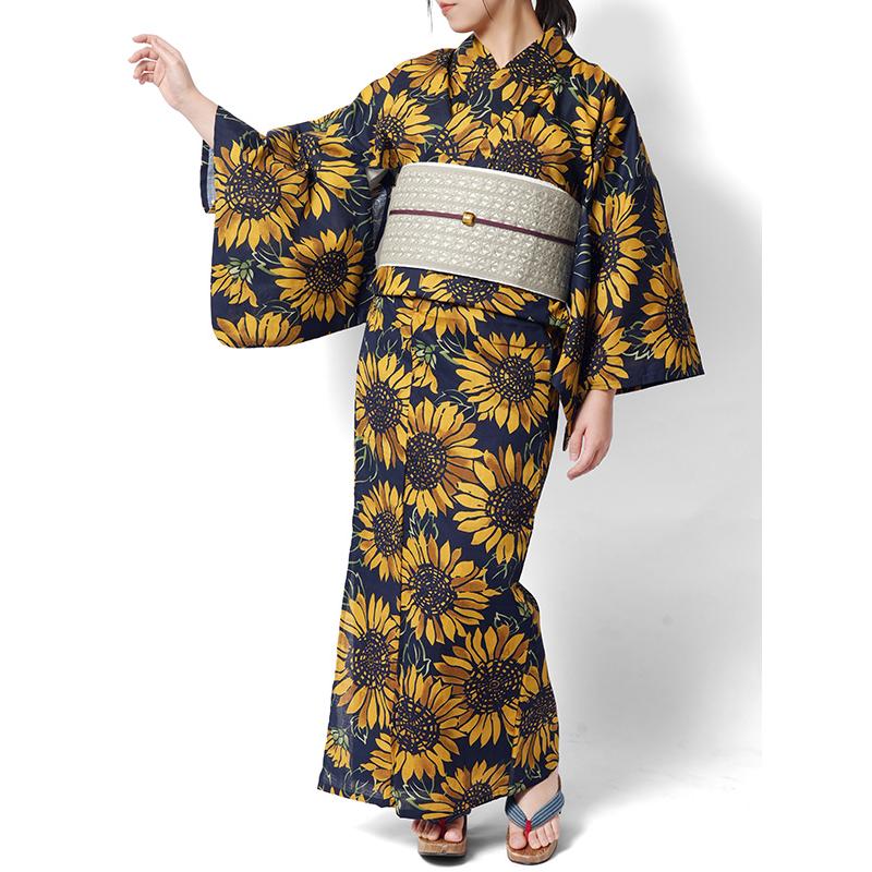 浴衣 ひまわり 黒 黄色 レトロ モダン レディース 仕立上がり 単品