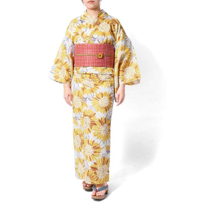 浴衣 ひまわり 白 黄色 レトロ モダン レディース 仕立上がり 単品