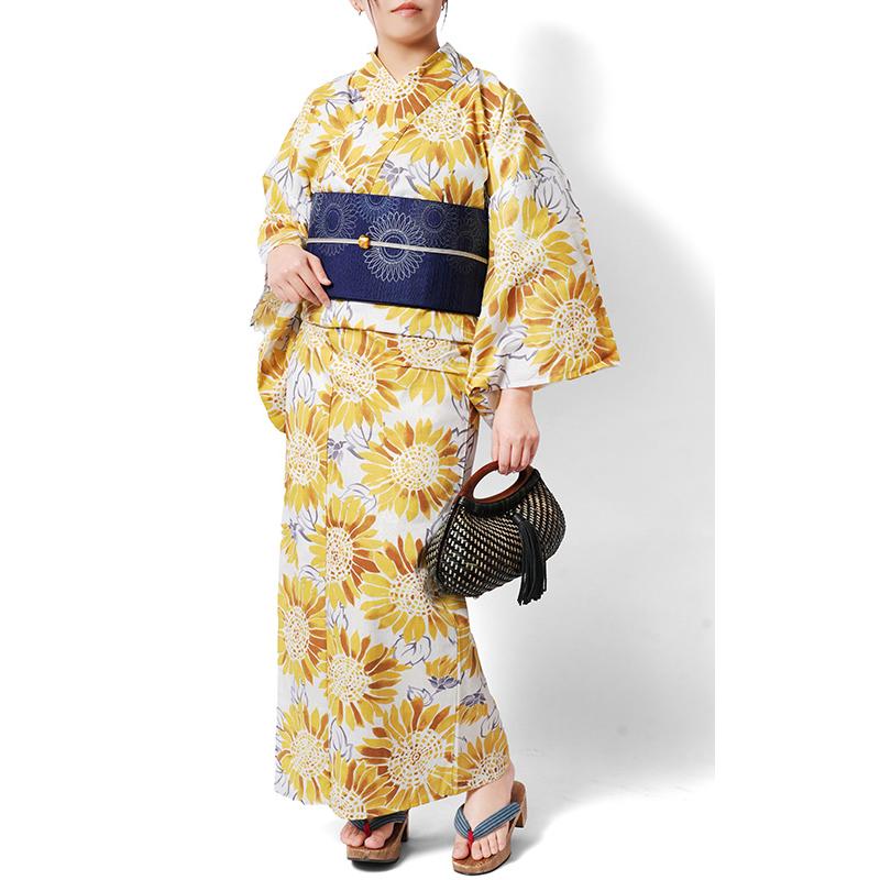 浴衣 ひまわり 白 黄色 レトロ モダン レディース 仕立上がり 単品