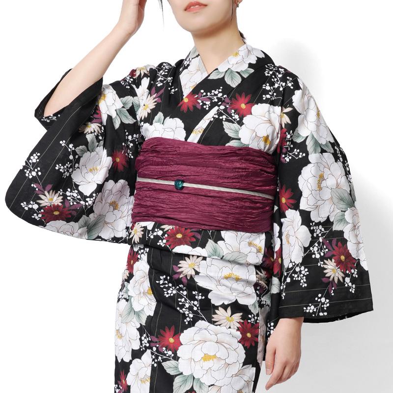 浴衣 牡丹 菊 黒 白 赤 レトロ モダン レディース 仕立上がり 単品