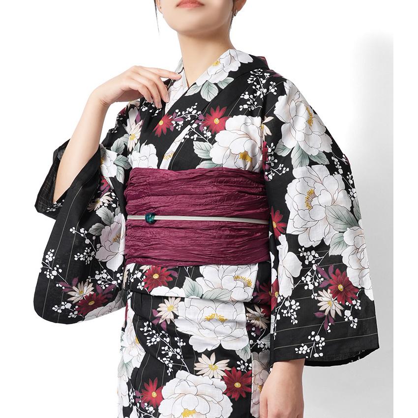 浴衣 牡丹 菊 黒 白 赤 レトロ モダン レディース 仕立上がり 単品
