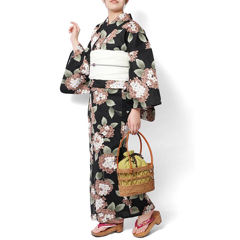 浴衣 紫陽花 黒 ブラウン 白 レトロ モダン レディース 仕立上がり