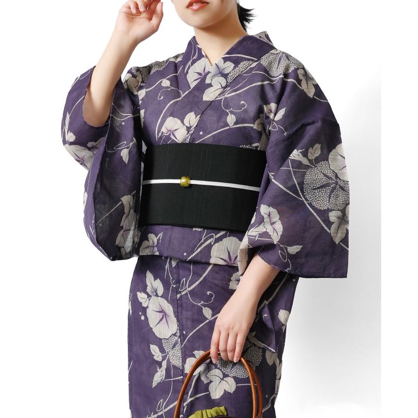 浴衣 綿麻 アサガオ 紫 藤 生成り 花 古典柄 あさがお シック レトロ