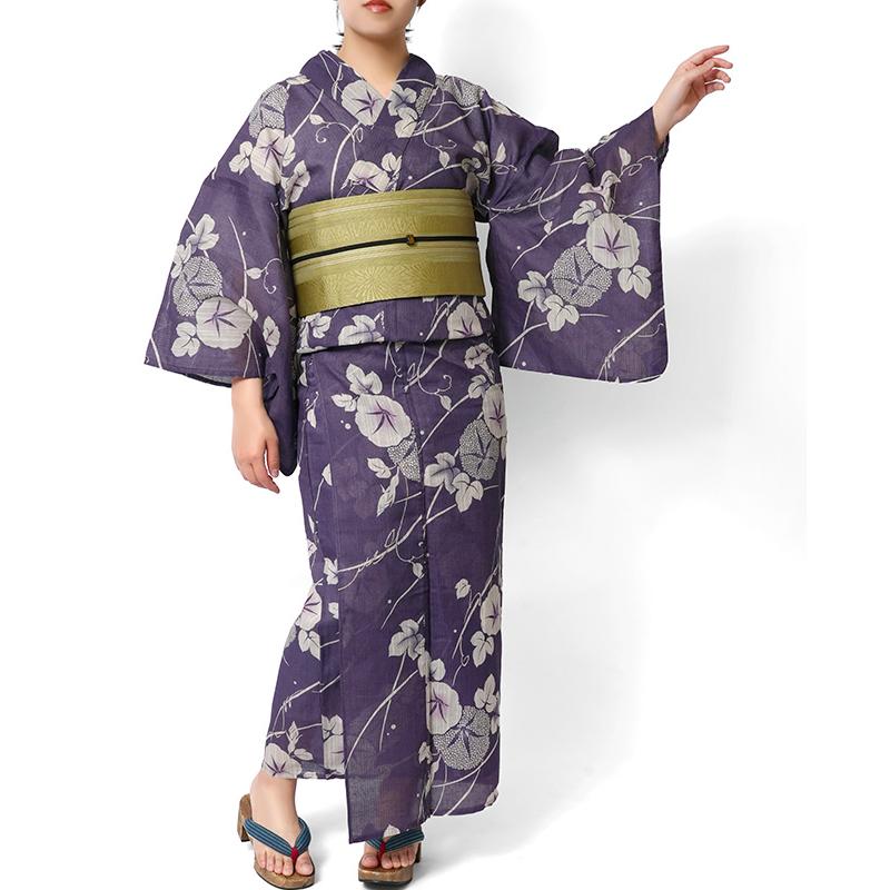 浴衣 綿麻 アサガオ 紫 藤 生成り 花 古典柄 あさがお シック レトロ