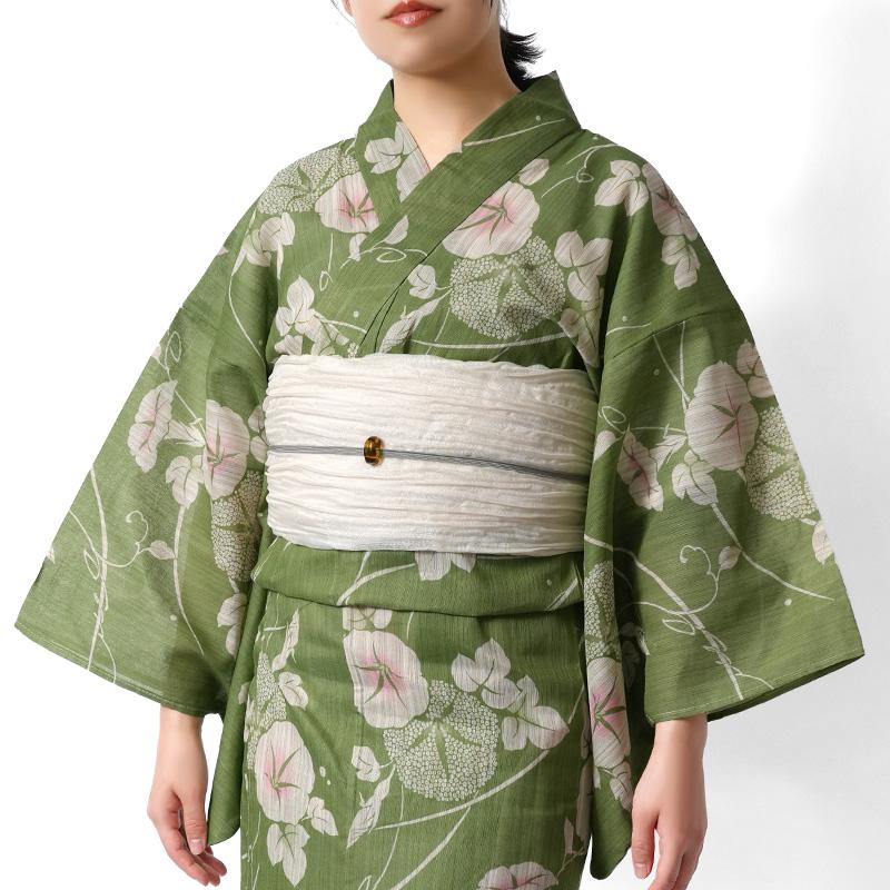 浴衣 綿麻 アサガオ 緑 生成り 花 古典柄 あさがお シック レトロ