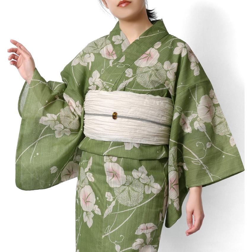 浴衣 綿麻 アサガオ 緑 生成り 花 古典柄 あさがお シック レトロ