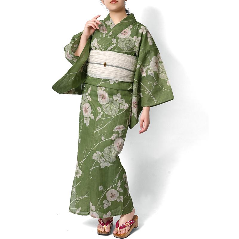 美品　しつけ付き　綿　本染浴衣　夏物　152.5裄66　カーキ　緑　チューリップ 浴衣 綿麻 アサガオ 緑 生成り 花 古典柄 あさがお シック レトロ