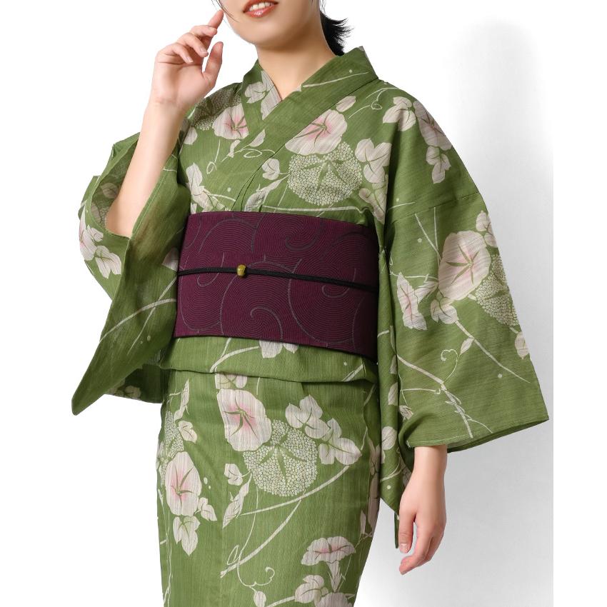 浴衣 綿麻 アサガオ 緑 生成り 花 古典柄 あさがお シック レトロ