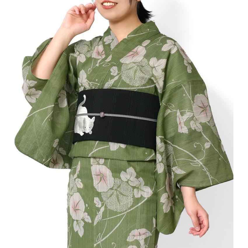 値下げなし　 深緑に映える花模様 大人浴衣　セット 浴衣 綿麻 アサガオ 緑 生成り 花 古典柄 あさがお シック レトロ