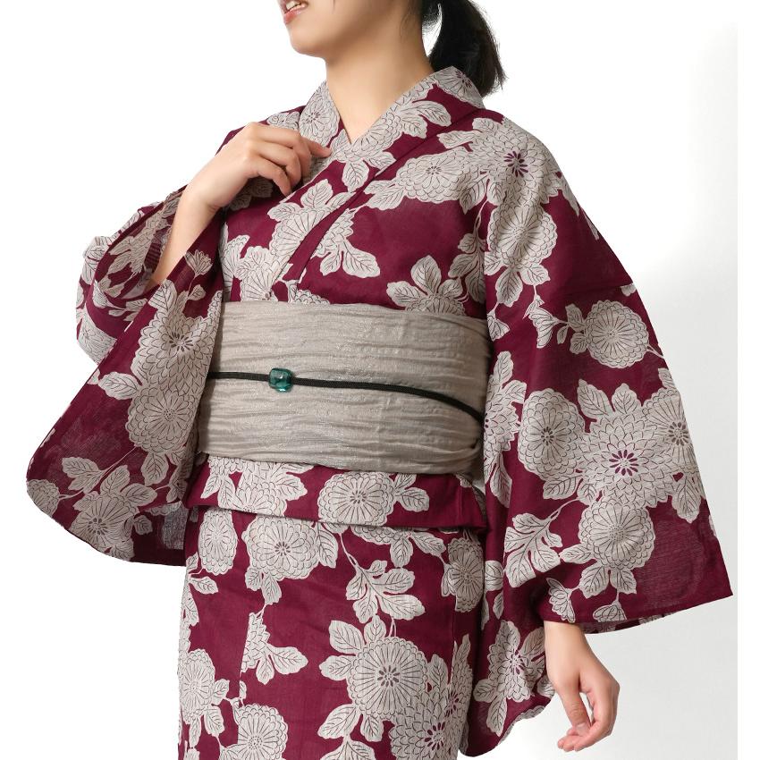 浴衣 綿麻 菊 えんじ 赤 生成り 花 古典柄 ボルドー シック レトロ