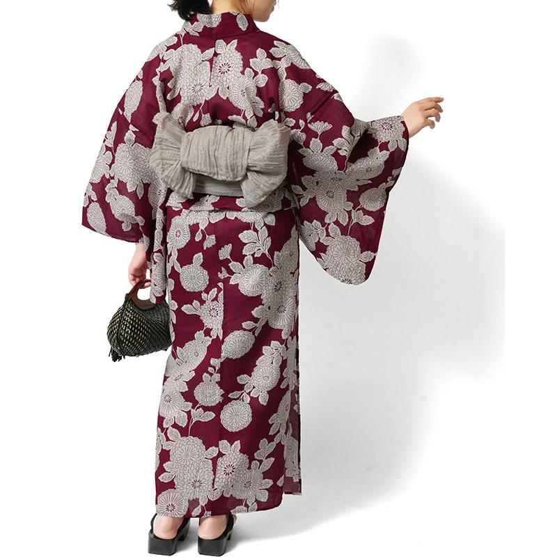 浴衣 綿麻 菊 えんじ 赤 生成り 花 古典柄 ボルドー シック レトロ