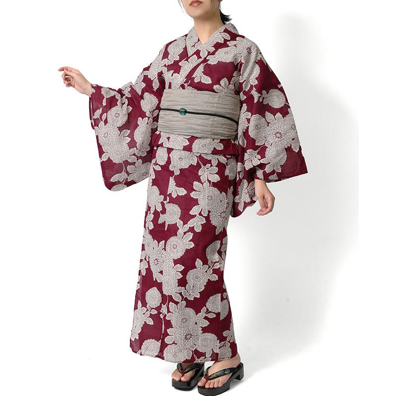 浴衣 綿麻 菊 えんじ 赤 生成り 花 古典柄 ボルドー シック レトロ