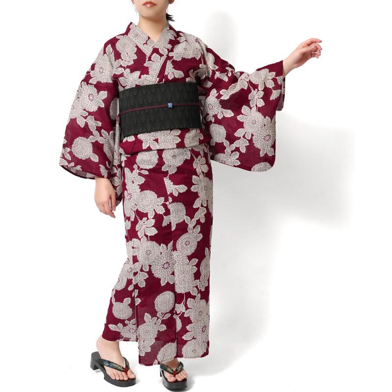 浴衣 綿麻 菊 えんじ 赤 生成り 花 古典柄 ボルドー シック レトロ
