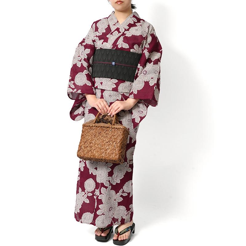 浴衣 綿麻 菊 えんじ 赤 生成り 花 古典柄 ボルドー シック レトロ