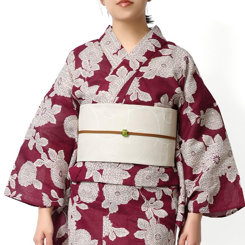 浴衣 綿麻 菊 えんじ 赤 生成り 花 古典柄 ボルドー シック レトロ