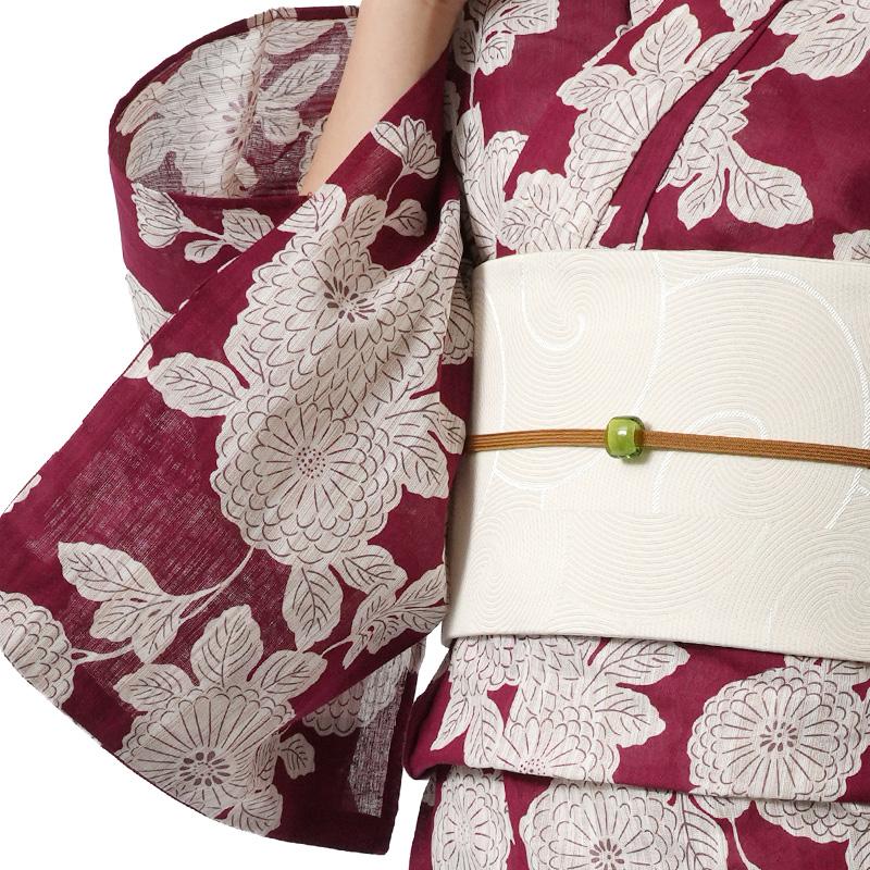浴衣 綿麻 菊 えんじ 赤 生成り 花 古典柄 ボルドー シック レトロ