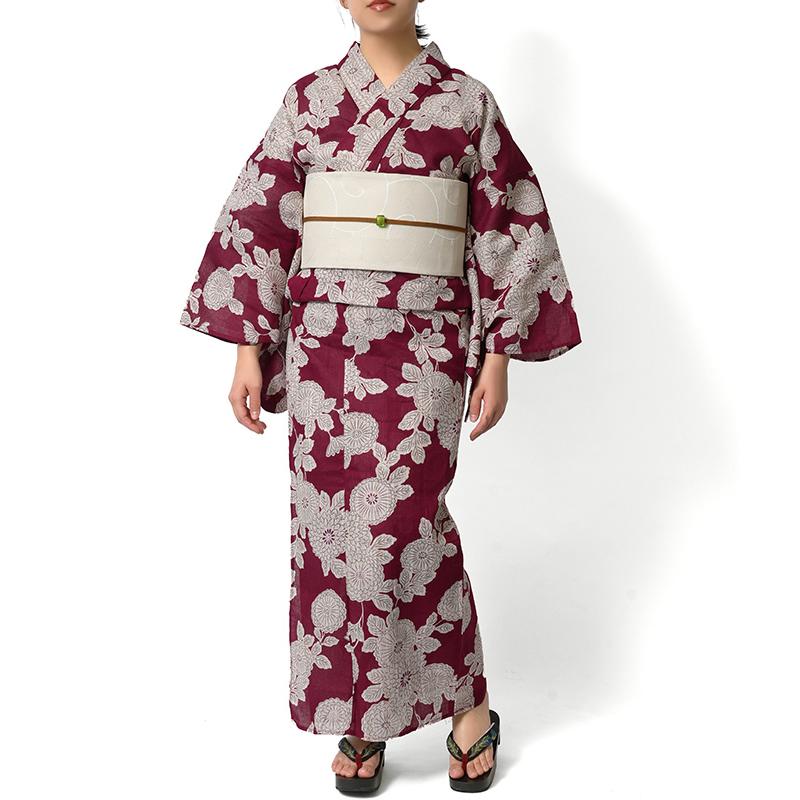 浴衣 綿麻 菊 えんじ 赤 生成り 花 古典柄 ボルドー シック レトロ
