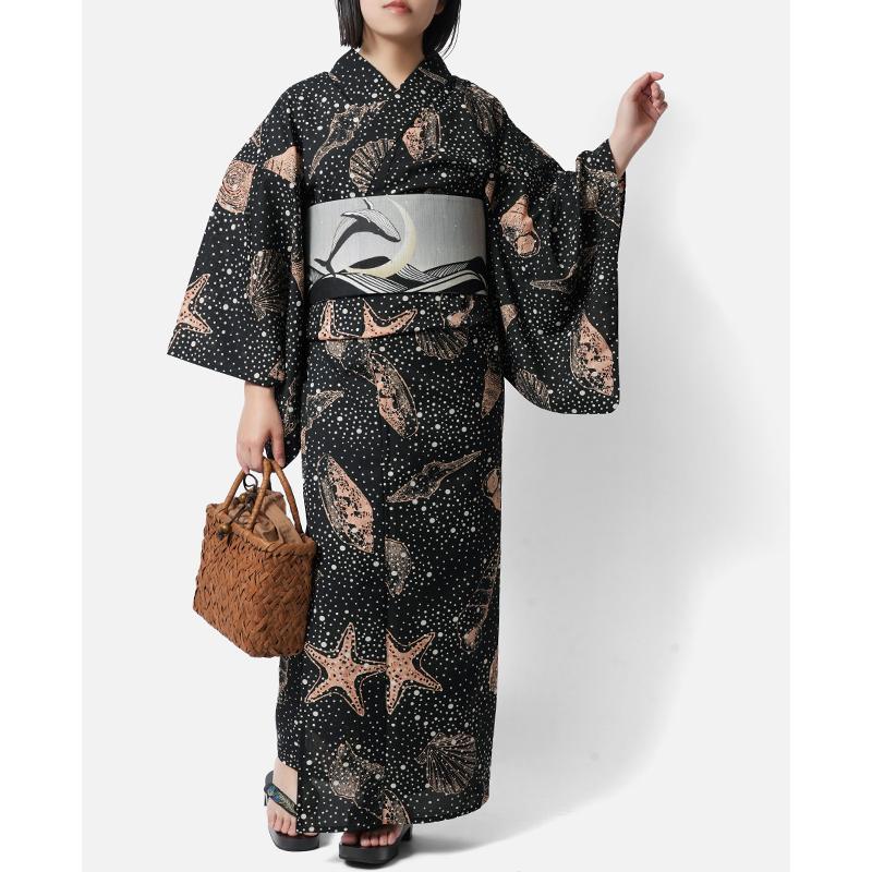 撫松庵 浴衣 珊瑚　海星 浴衣 セオアルファ 海辺の散歩 ドット 星空 貝殻 ヒトデ 黒 オレンジ