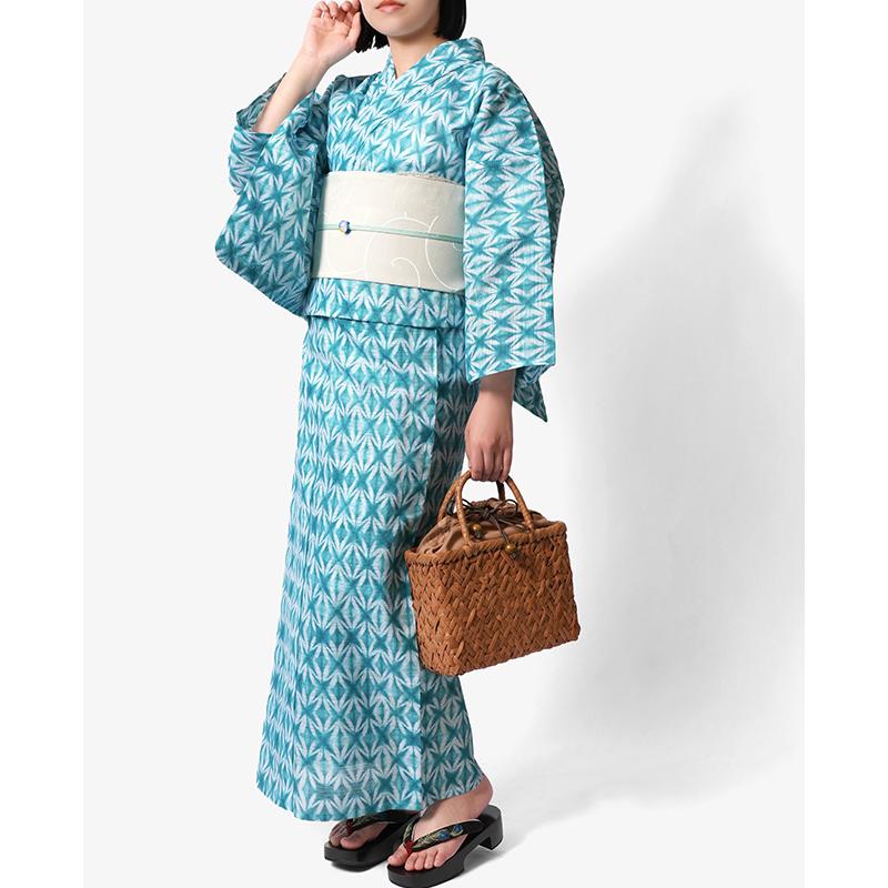 Y3364◆新品 板締め絞り 綿 仕付け糸付 浴衣 洗える夏着物 浴衣 綿絽 板締め絞り風 青緑 ターコイズ 白 レディース 幾何学 モダン