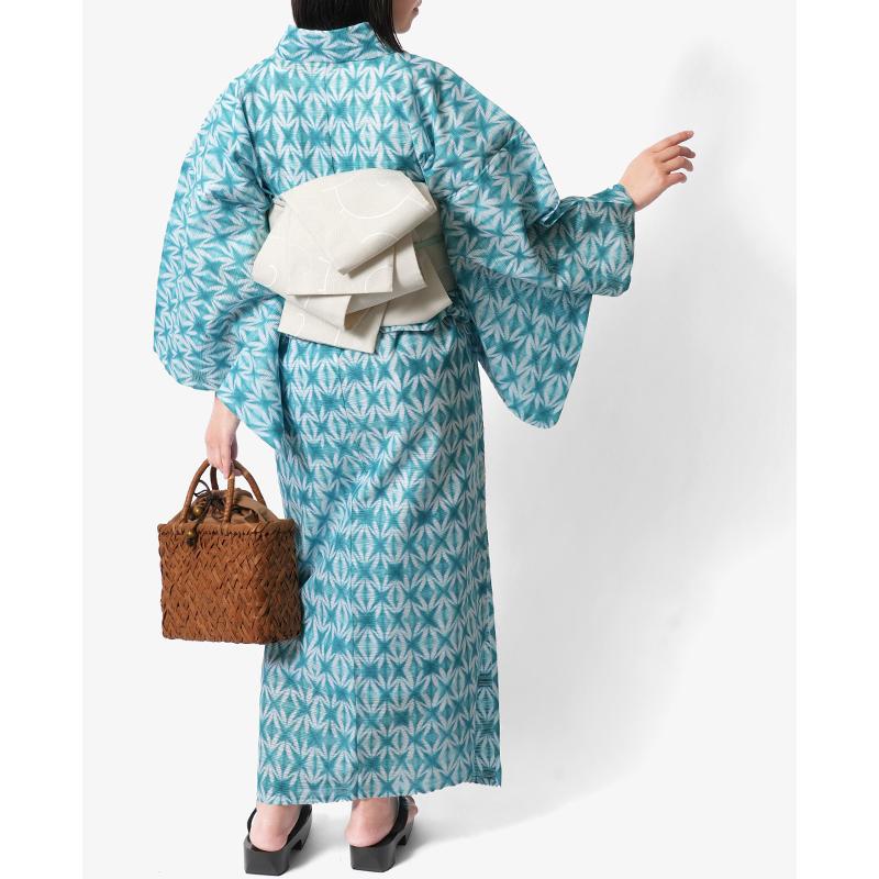Y3364◆新品 板締め絞り 綿 仕付け糸付 浴衣 洗える夏着物 浴衣 綿絽 板締め絞り風 青緑 ターコイズ 白 レディース 幾何学 モダン