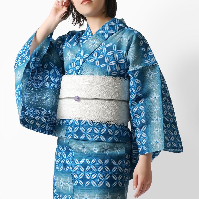 浴衣 綿絽 切子風 七宝 ターコイズ 青 グラデーション レディース 幾何