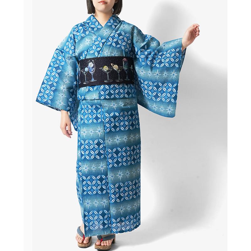 浴衣 綿絽 切子風 七宝 ターコイズ 青 グラデーション レディース 幾何