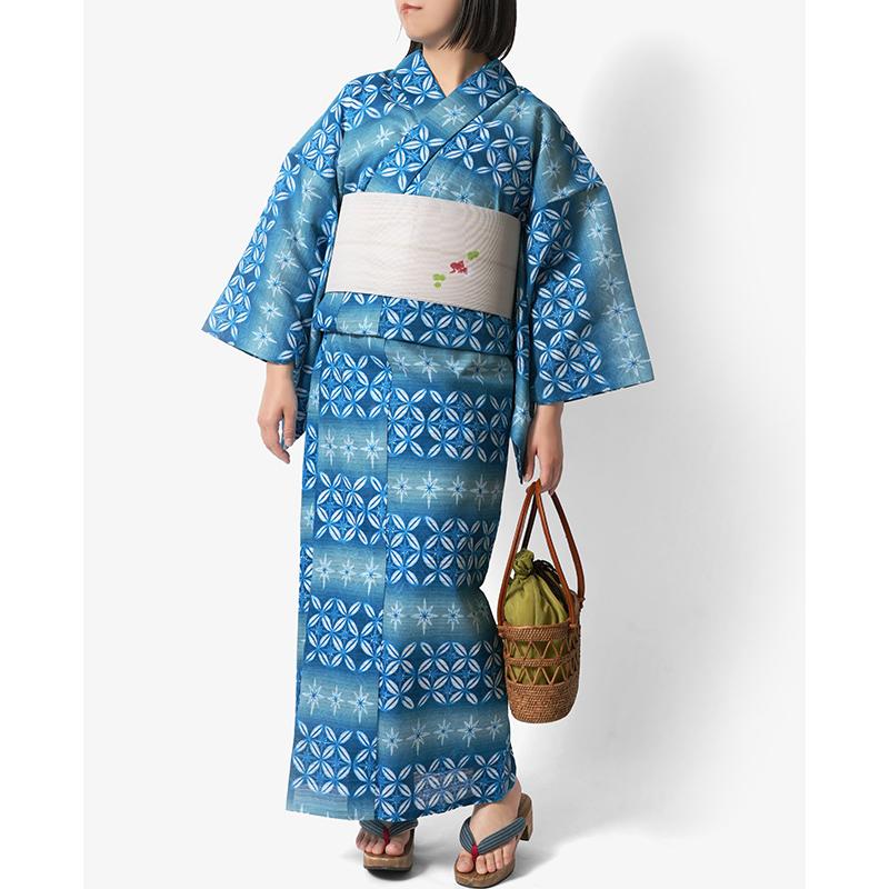 浴衣 綿絽 切子風 七宝 ターコイズ 青 グラデーション レディース 幾何
