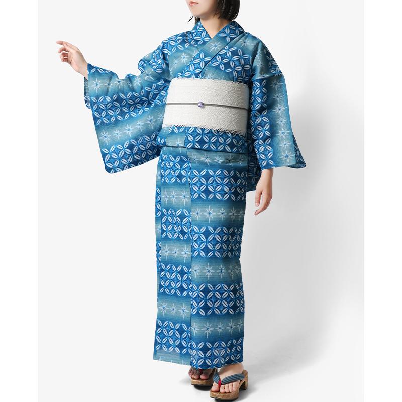 浴衣 綿絽 切子風 七宝 ターコイズ 青 グラデーション レディース 幾何