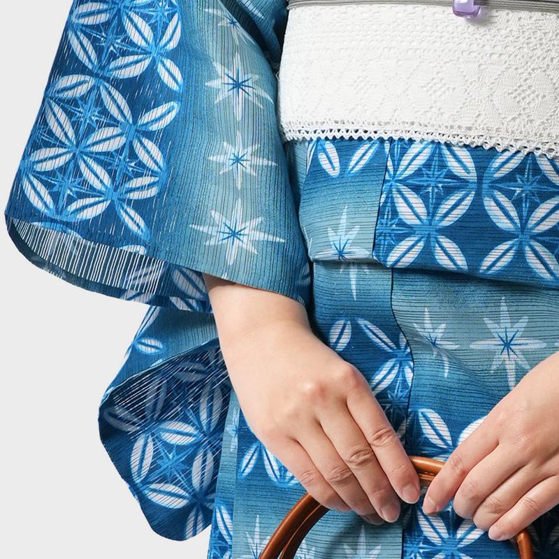 浴衣 綿絽 切子風 七宝 ターコイズ 青 グラデーション レディース 幾何