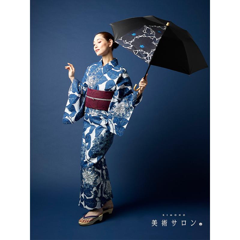 浴衣 美術サロン 藍捺染  アジサイ 藍 紺 白 知多木綿 レディース カッコイイ 上品 女性用 仕立上がり 単品 日本製 本染め 紫陽花の画像