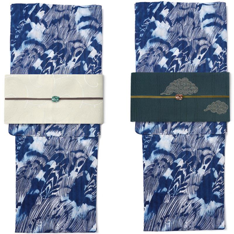 浴衣 美術サロン 藍捺染  羽 鳥 藍 紺 白 知多木綿 レディース カッコイイ 上品 女性用 仕立上がり 単品 日本製 本染め 羽根の画像
