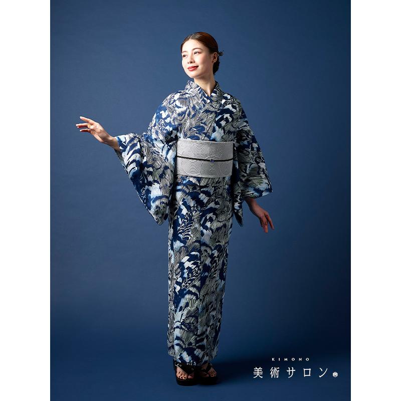 浴衣 美術サロン 藍捺染  羽 鳥 藍 紺 白 知多木綿 レディース カッコイイ 上品 女性用 仕立上がり 単品 日本製 本染め 羽根の画像