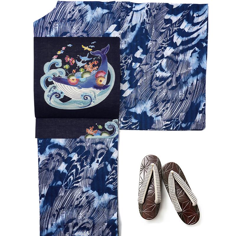 浴衣 美術サロン 藍捺染  羽 鳥 藍 紺 白 知多木綿 レディース カッコイイ 上品 女性用 仕立上がり 単品 日本製 本染め 羽根の画像