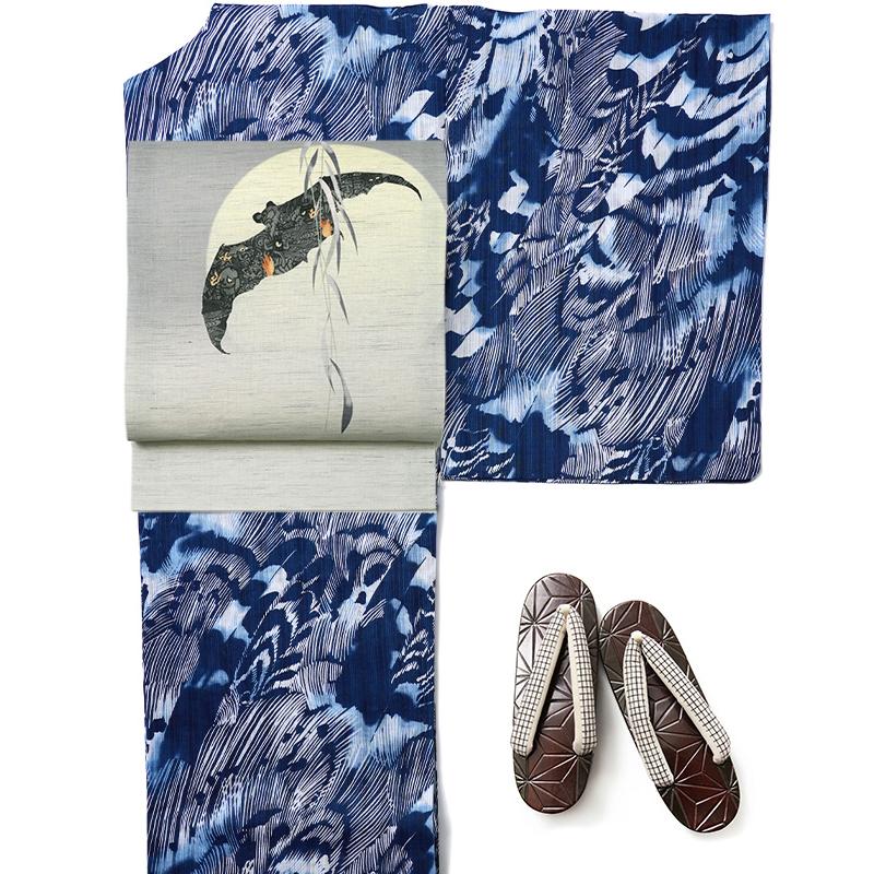 浴衣 美術サロン 藍捺染  羽 鳥 藍 紺 白 知多木綿 レディース カッコイイ 上品 女性用 仕立上がり 単品 日本製 本染め 羽根の画像