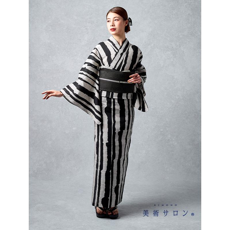 浴衣 美術サロン ちぢみ 知多木綿 綿麻 インクストライプ グレー 黒 縞 モダン レディース 上品 女性用 仕立上がり 単品 日本製の画像
