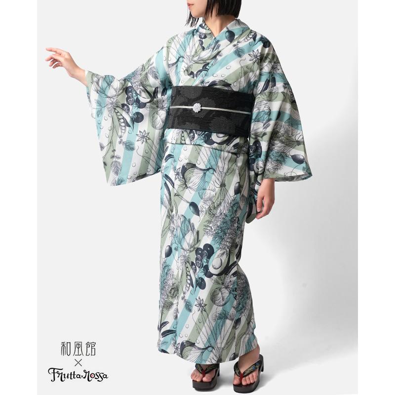 浴衣 和風館 セオアルファ フルッタロッサ ベジタブル 野菜 水色 黄緑 白 ストライプ レディース モダン 個性的 Fruttarossa 女性用 仕立上がり 単品の画像