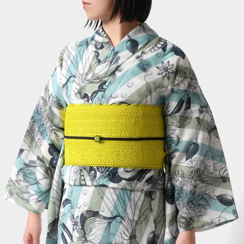 浴衣 和風館 セオアルファ フルッタロッサ ベジタブル 野菜 水色 黄緑 白 ストライプ レディース モダン 個性的 Fruttarossa 女性用 仕立上がり 単品の画像