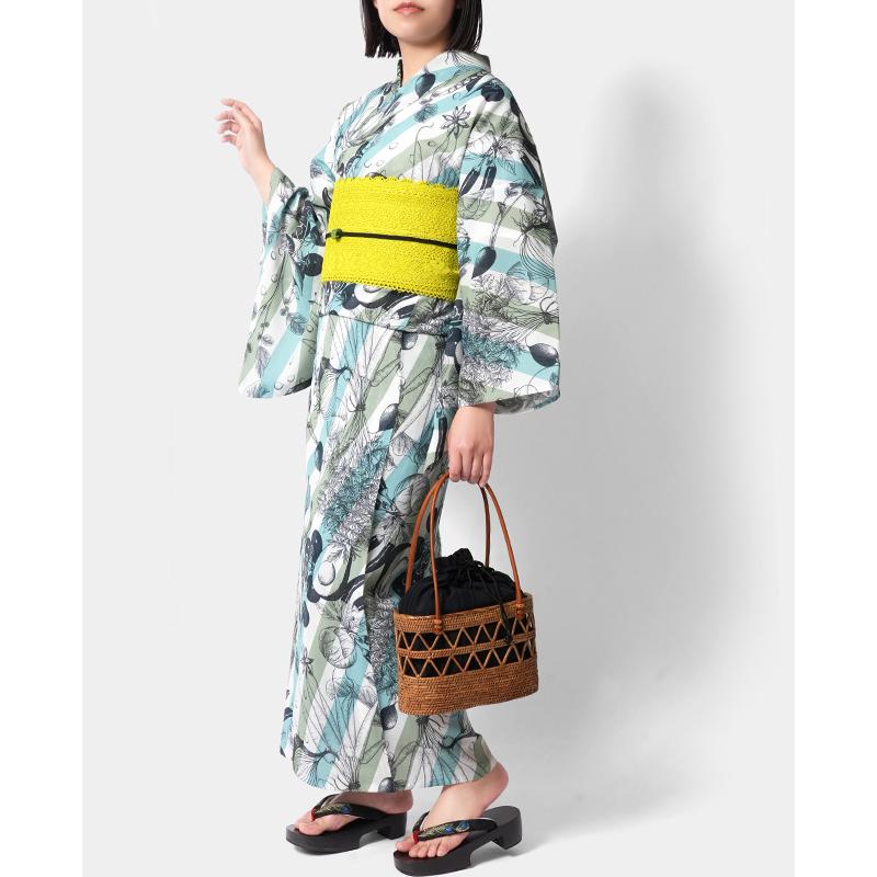 浴衣 和風館 セオアルファ フルッタロッサ ベジタブル 野菜 水色 黄緑 白 ストライプ レディース モダン 個性的 Fruttarossa 女性用 仕立上がり 単品の画像