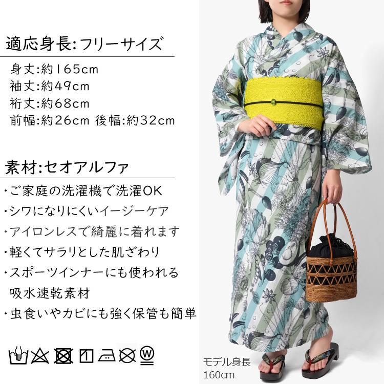 浴衣 和風館 セオアルファ フルッタロッサ ベジタブル 野菜 水色 黄緑 白 ストライプ レディース モダン 個性的 Fruttarossa 女性用 仕立上がり 単品の画像