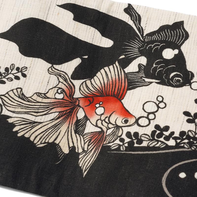 半幅帯 WAKKA 麻 僕と彼女達 金魚 猫 生成り 黒 赤 ナチュラル