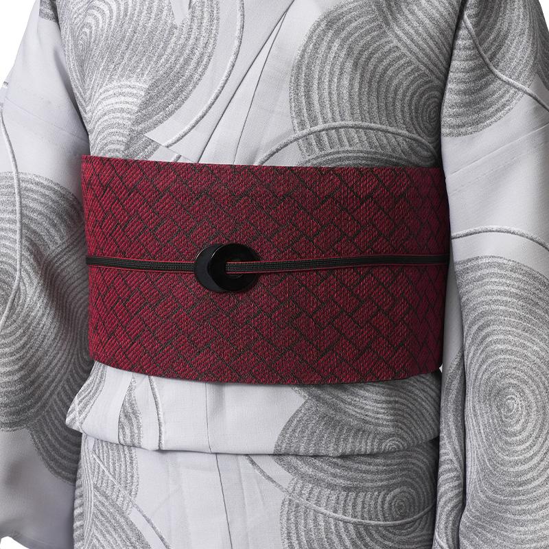 撫松庵 半幅帯 麻100％ 網代文様 赤 黒 リバーシブル 夏用 浴衣帯 長尺