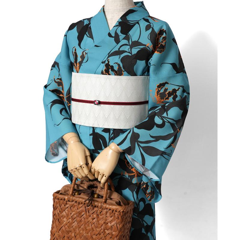 撫松庵 浴衣 グロリオサ 水色 黒 オレンジ セオアルファ 単衣 夏着物