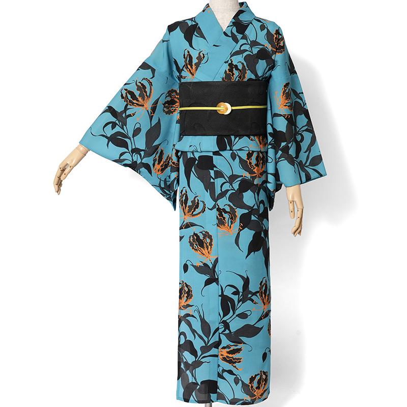 撫松庵 浴衣 グロリオサ 水色 黒 オレンジ セオアルファ 単衣 夏着物