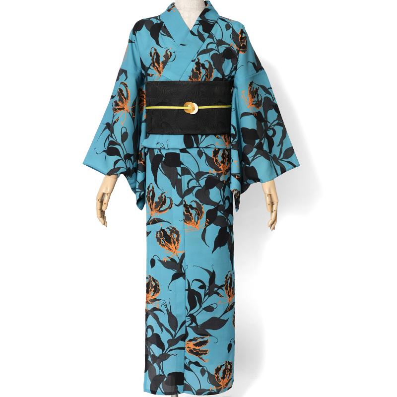 撫松庵 浴衣 グロリオサ 水色 黒 オレンジ セオアルファ 単衣 夏着物