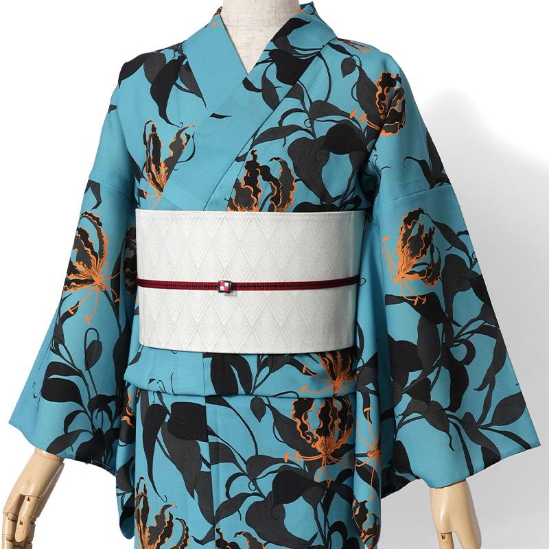 撫松庵　グロリオサ　青　セオα 撫松庵 浴衣 グロリオサ 水色 黒 オレンジ セオアルファ 単衣 夏着物